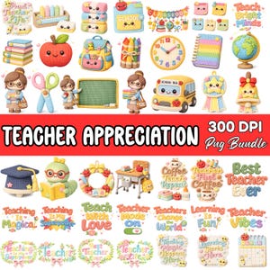 Puede incluir: Una colecci&oacute;n de art&iacute;culos coloridos de tem&aacute;tica de profesores, hechos a ganchillo, que incluyen una manzana, un autob&uacute;s escolar, un reloj y varios gr&aacute;ficos de texto. Las palabras "Teacher Appreciation" se muestran de forma destacada, junto con otras frases.