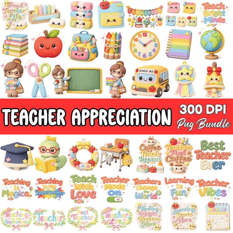 Puede incluir: Una colecci&oacute;n de art&iacute;culos coloridos de tem&aacute;tica de profesores, hechos a ganchillo, que incluyen una manzana, un autob&uacute;s escolar, un reloj y varios gr&aacute;ficos de texto. Las palabras "Teacher Appreciation" se muestran de forma destacada, junto con otras frases.
