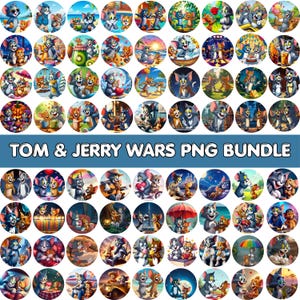 May include: A collection of circular PNG images featuring Tom and Jerry in various scenes. The images showcase the cartoon characters in different settings and poses, with vibrant colors and detailed illustrations. The text "TOM & JERRY WARS PNG BUNDLE" is displayed.