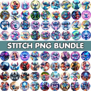 May include: A collection of circular graphics featuring the character Stitch from the Disney movie Lilo & Stitch. The images showcase Stitch in various poses and settings, with vibrant colors and detailed artwork. The text "STITCH PNG BUNDLE" is displayed across the image.