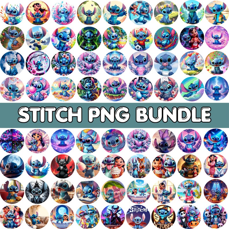 May include: A collection of circular graphics featuring the character Stitch from the Disney movie Lilo & Stitch. The images showcase Stitch in various poses and settings, with vibrant colors and detailed artwork. The text "STITCH PNG BUNDLE" is displayed across the image.