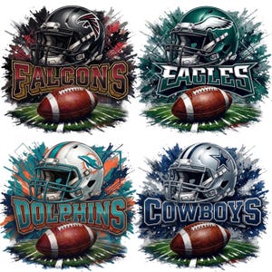 May include: Four digital illustrations of American football team logos. Each features a helmet, football, and team name: Falcons, Eagles, Dolphins, and Cowboys. The designs use team colors and are set against a background of a football field.