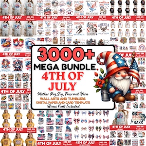 May include: A collection of 4th of July themed digital designs, including t-shirts, graphics, and templates. The image features a patriotic gnome, various American flag designs, and the text "3000+ MEGA BUNDLE 4TH OF JULY".