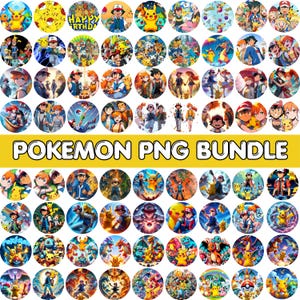 May include: A collection of colorful circular PNG images featuring various Pok&eacute;mon characters and scenes. The images include characters like Pikachu, Ash, and others, with a yellow banner that reads "POKEMON PNG BUNDLE".