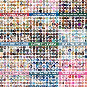 May include: A collection of circular PNG bundles featuring various themes. Bundles include Pooh, Labubu, Hocus Pocus, Harry Potter, Marvel, Bluey, Princess, Cinderella, and Barbie. Each bundle contains numerous colorful images.