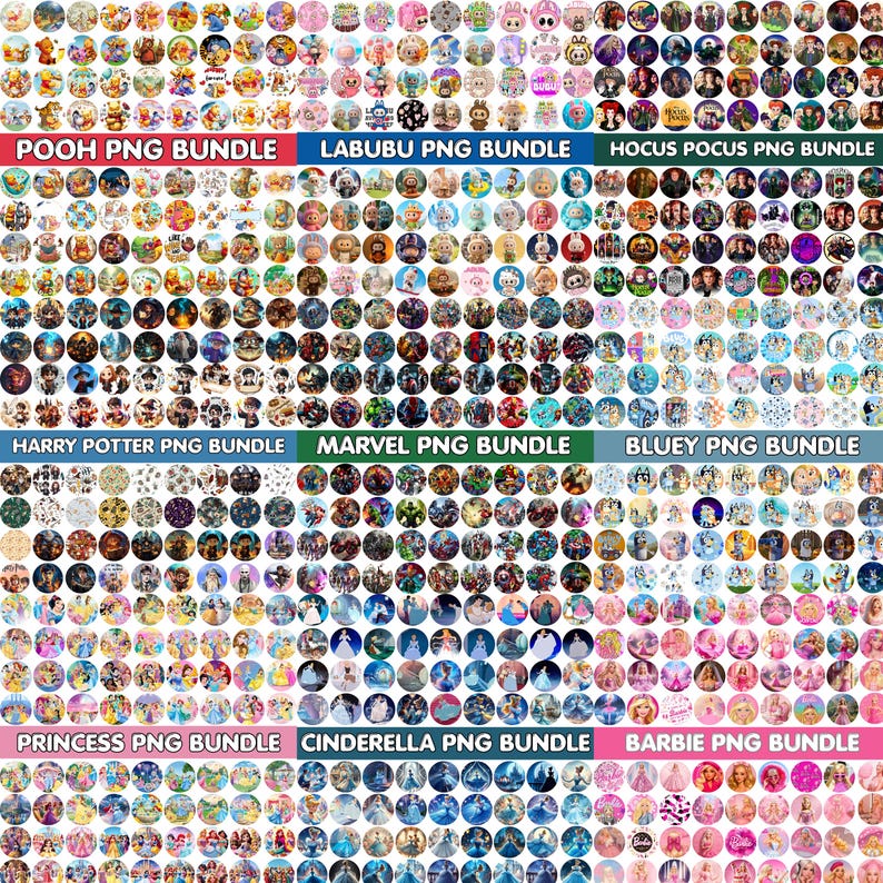 May include: A collection of circular PNG bundles featuring various themes. Bundles include Pooh, Labubu, Hocus Pocus, Harry Potter, Marvel, Bluey, Princess, Cinderella, and Barbie. Each bundle contains numerous colorful images.