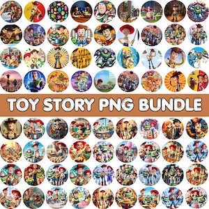 May include: A collection of circular PNG images featuring characters from the animated movie "Toy Story." The images showcase various characters like Woody, Buzz Lightyear, and Jessie, in vibrant colors. The text "TOY STORY PNG BUNDLE" is displayed in a brown banner.