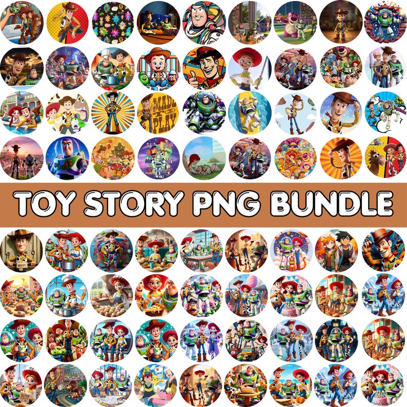 May include: A collection of circular PNG images featuring characters from the animated movie "Toy Story." The images showcase various characters like Woody, Buzz Lightyear, and Jessie, in vibrant colors. The text "TOY STORY PNG BUNDLE" is displayed in a brown banner.