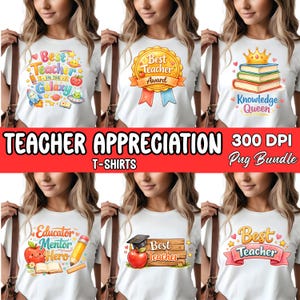 Puede incluir: Camisetas blancas con dise&ntilde;os coloridos de agradecimiento a los profesores. Los dise&ntilde;os incluyen frases como "Best Teacher in the Galaxy", "Best Teacher Award" y "Knowledge Queen". La imagen tambi&eacute;n incluye el texto "Teacher Appreciation T-shirts" y "300 DPI Pug Bundle".