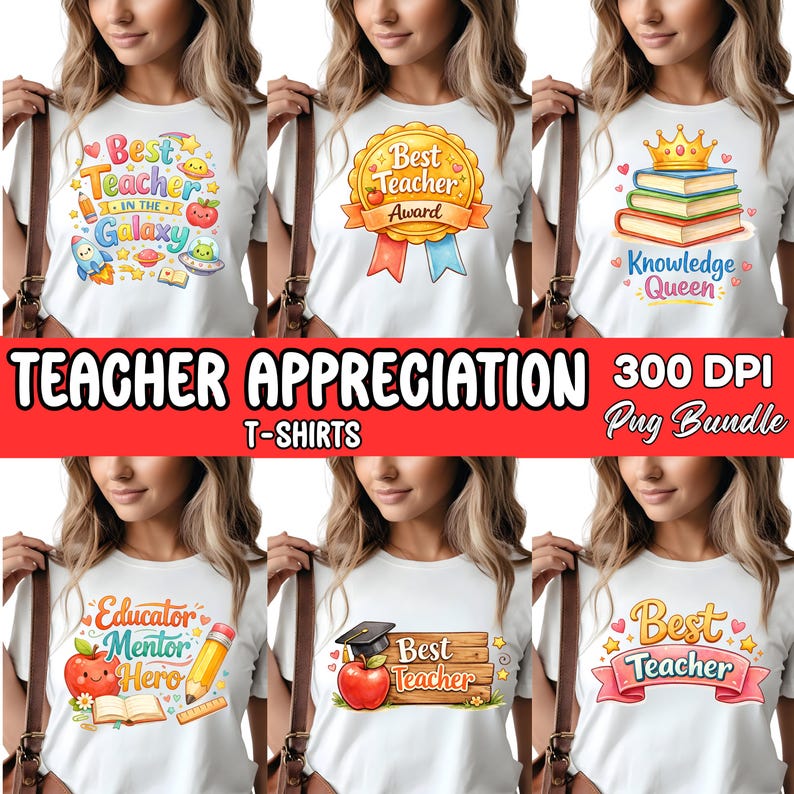 Puede incluir: Camisetas blancas con dise&ntilde;os coloridos de agradecimiento a los profesores. Los dise&ntilde;os incluyen frases como "Best Teacher in the Galaxy", "Best Teacher Award" y "Knowledge Queen". La imagen tambi&eacute;n incluye el texto "Teacher Appreciation T-shirts" y "300 DPI Pug Bundle".