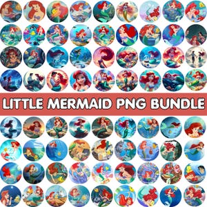 May include: A collection of circular PNG images featuring the Little Mermaid. Each image showcases Ariel in various scenes, with vibrant colors and detailed illustrations. The text "LITTLE MERMAID PNG BUNDLE" is displayed in a bold font.