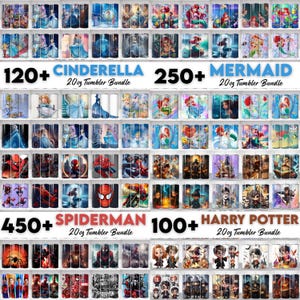 May include: A collection of 20oz tumblers featuring various designs. Themes include Cinderella, Mermaid, Spiderman, and Harry Potter. The image displays a wide array of colorful tumblers, each with unique artwork. Text on the image indicates the number of tumblers in each bundle.