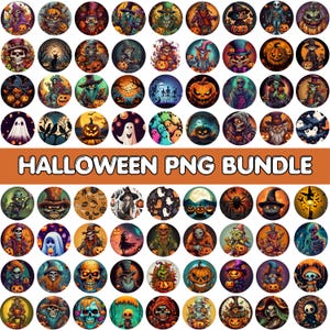 May include: A collection of Halloween-themed PNG images in a circular format. The images feature various spooky characters, including ghosts, skeletons, witches, and jack-o'-lanterns, in a variety of colors. The text "HALLOWEEN PNG BUNDLE" is displayed in orange.