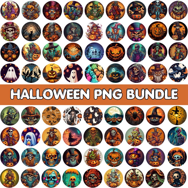May include: A collection of Halloween-themed PNG images in a circular format. The images feature various spooky characters, including ghosts, skeletons, witches, and jack-o'-lanterns, in a variety of colors. The text "HALLOWEEN PNG BUNDLE" is displayed in orange.