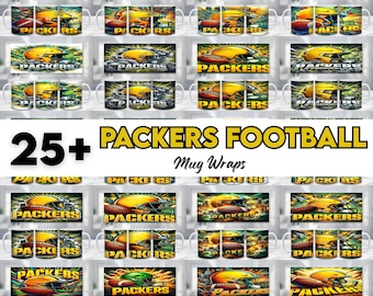 May include: A selection of white ceramic mugs with Green Bay Packers football designs. The mugs showcase images of helmets, footballs, and the team's logo. The text "25+ PACKERS FOOTBALL Mug Wraps" is also visible.
