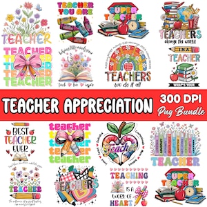 Puede incluir: Una colecci&oacute;n de dise&ntilde;os coloridos de agradecimiento a los profesores. Los dise&ntilde;os incluyen texto como "Teacher", "Super Teacher" y "Teacher Appreciation". Las im&aacute;genes incluyen l&aacute;pices, libros, manzanas y elementos florales. Adecuado para productos relacionados con profesores.