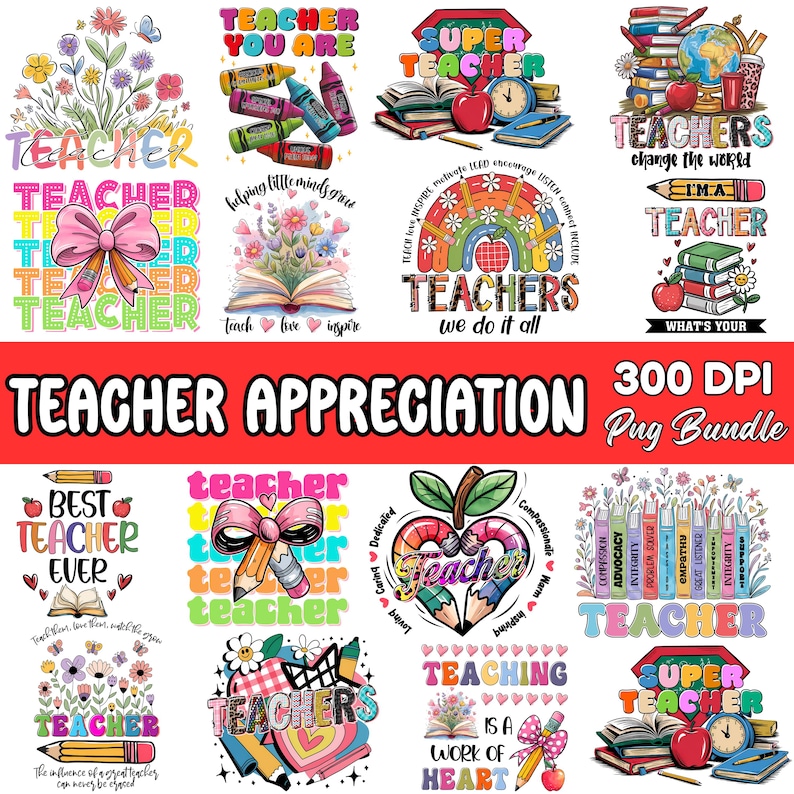 Puede incluir: Una colecci&oacute;n de dise&ntilde;os coloridos de agradecimiento a los profesores. Los dise&ntilde;os incluyen texto como "Teacher", "Super Teacher" y "Teacher Appreciation". Las im&aacute;genes incluyen l&aacute;pices, libros, manzanas y elementos florales. Adecuado para productos relacionados con profesores.