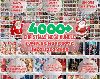 May include: A digital collection of 4000+ Christmas-themed tumbler and mug wrap designs featuring Santa Claus, Grinch characters, and holiday patterns. The display includes various festive graphics, text overlays, and colourful illustrations.