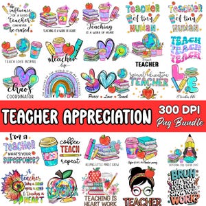 Puede incluir: Un paquete de arte digital con varios dise&ntilde;os de agradecimiento a los profesores. Los dise&ntilde;os incluyen texto como "Teacher", "Teaching is a work of heart" y "Teacher Appreciation". Las im&aacute;genes presentan libros, manzanas, l&aacute;pices, tazas de caf&eacute; y globos.