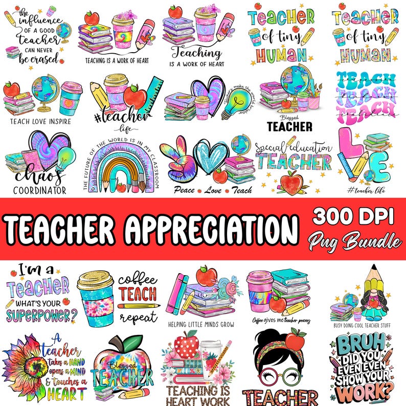 Puede incluir: Un paquete de arte digital con varios dise&ntilde;os de agradecimiento a los profesores. Los dise&ntilde;os incluyen texto como "Teacher", "Teaching is a work of heart" y "Teacher Appreciation". Las im&aacute;genes presentan libros, manzanas, l&aacute;pices, tazas de caf&eacute; y globos.
