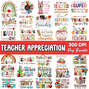 Puede incluir: Una colecci&oacute;n de coloridos dise&ntilde;os de agradecimiento a los profesores con textos como "Teacher", "Teaching is a work of heart" y "Future Teacher". Los dise&ntilde;os incluyen manzanas, l&aacute;pices y arco&iacute;ris, perfectos para regalos y decoraci&oacute;n de aulas.