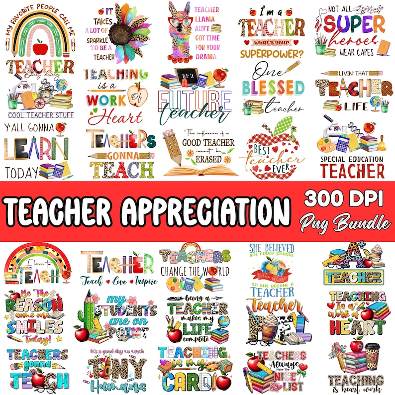 Puede incluir: Una colecci&oacute;n de coloridos dise&ntilde;os de agradecimiento a los profesores con textos como "Teacher", "Teaching is a work of heart" y "Future Teacher". Los dise&ntilde;os incluyen manzanas, l&aacute;pices y arco&iacute;ris, perfectos para regalos y decoraci&oacute;n de aulas.