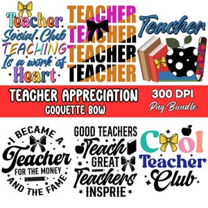Puede incluir: Una colecci&oacute;n de dise&ntilde;os digitales con tem&aacute;tica de profesores. Los dise&ntilde;os incluyen la palabra "Teacher" en varias fuentes y estilos, junto con frases como "Teacher Appreciation" y "Good Teachers". Tambi&eacute;n hay ilustraciones de libros, manzanas y l&aacute;pices.