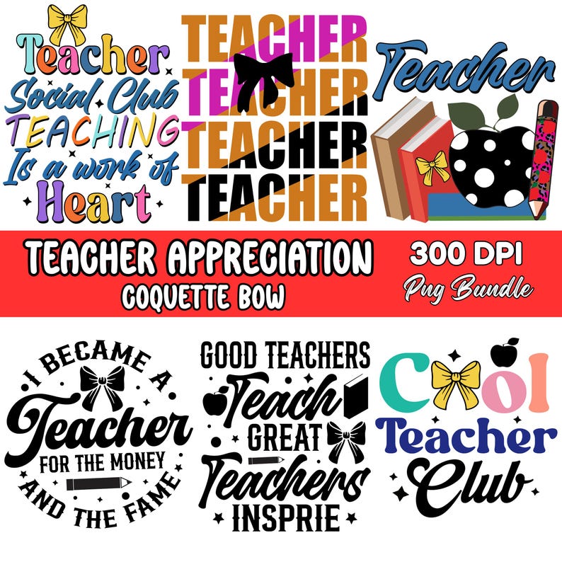Puede incluir: Una colecci&oacute;n de dise&ntilde;os digitales con tem&aacute;tica de profesores. Los dise&ntilde;os incluyen la palabra "Teacher" en varias fuentes y estilos, junto con frases como "Teacher Appreciation" y "Good Teachers". Tambi&eacute;n hay ilustraciones de libros, manzanas y l&aacute;pices.