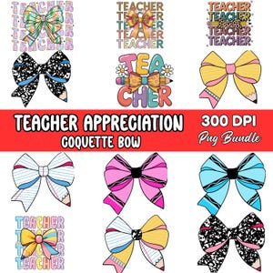 Puede incluir: Una colecci&oacute;n de gr&aacute;ficos digitales coloridos con lazos de varios dise&ntilde;os y la palabra "Teacher" en diferentes estilos. La imagen tambi&eacute;n incluye el texto "Teacher Appreciation", "Coquette Bow" y "300 DPI Pug Bundle".