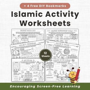 Islamic Activity Sheets Bundle, 12 Muslim Kids Worksheets and Activity Placemats, Quran, 5 Pillars & Prophet Stories, Printable Digital PDF