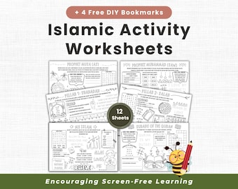 Islamic Activity Sheets Bundle, 12 Muslim Kids Worksheets and Activity Placemats, Quran, 5 Pillars & Prophet Stories, Printable Digital PDF