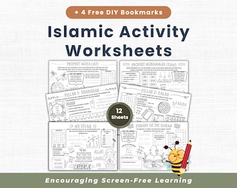 Paquete de hojas de actividades islámicas, 12 hojas de trabajo y manteles individuales para niños musulmanes, Corán, los 5 pilares y las historias de los profetas, PDF digital imprimible.