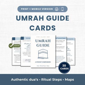 Op de afbeelding: Een set van 30 Umrah-gidskaarten met een zakformaat begeleidend boekje met een Kaaba-illustratie. De kaarten bevatten gedrukte tekst voor authentieke dua's, rituele stappen en kaarten, met een geverifieerd vinkje en labels voor print en mobiel.