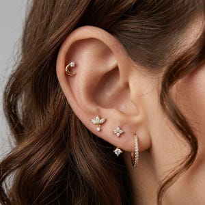 May include: A close-up of an ear adorned with multiple gold earrings. The earrings include a crescent moon with a star, a floral design, a small square stud, and a hoop earring with small stones. The ear is set against a blurred background.