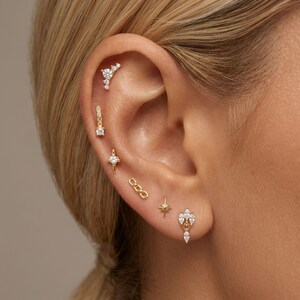 Gold Earstack Earrings: Cartilage Helix, Tragus & Lobe Earring, Sterling Silver Flat Back Studs