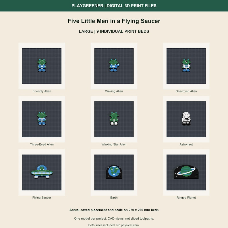 Model Space Autocad File Digital Five Little Men in a Flying Saucer 3MF Files, 9 Piece Space Set ...