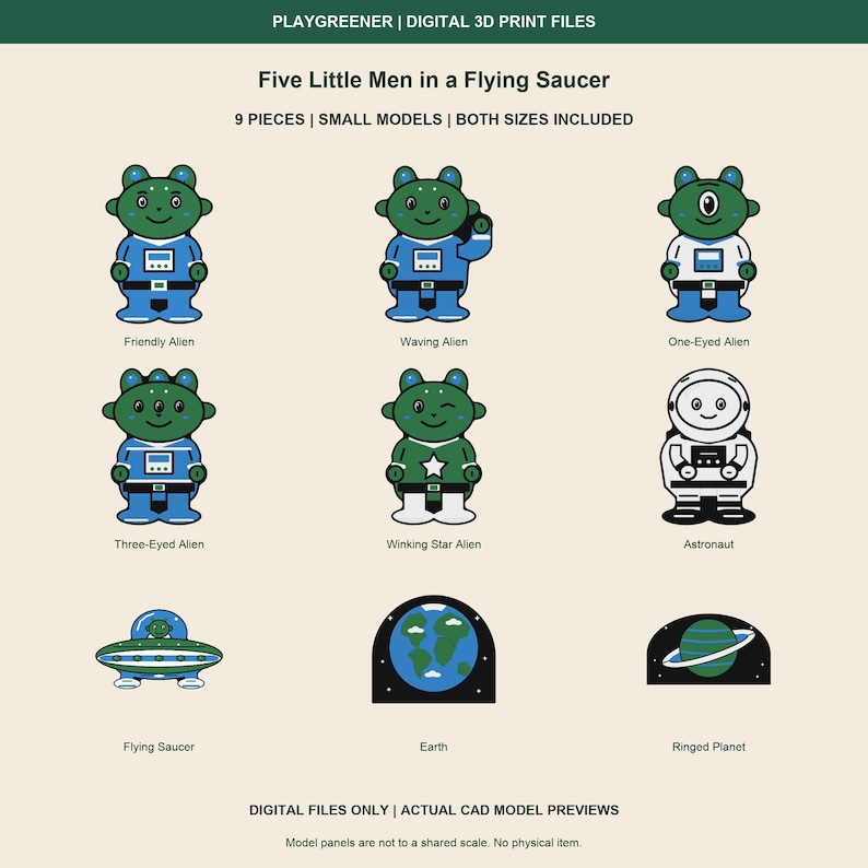 Model Space Autocad File Digital Five Little Men in a Flying Saucer 3MF Files, 9 Piece Space Set ...