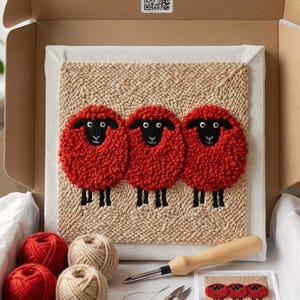 May include: A craft kit featuring a beige canvas with three red sheep designs, black legs, and black eyes. The kit includes red and beige yarn, a wooden handle tool, scissors, and a small sheep design sample, all inside a cardboard box.