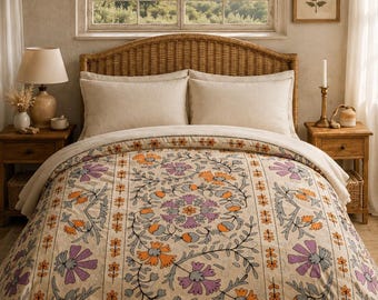 Vintage Suzani Kantha Quilt – Handbroderat blommigt överkast – Boho bomullsfilt – Indisk sängkläddekor