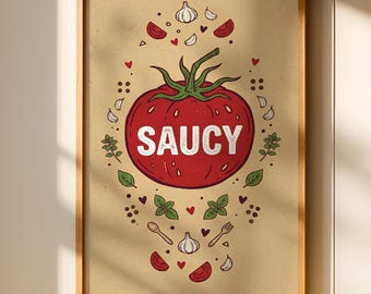 Uitdagende tomaat print, grappige keuken muurkunst, retro food poster, vintage kookdecor, bord Italiaanse keuken, digitale download poster