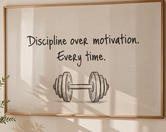 Discipline Over Motivation Print, Home Gym Wall Art, Fitness Motivational Poster, Dumbbell Sketch Decor, Digital Download