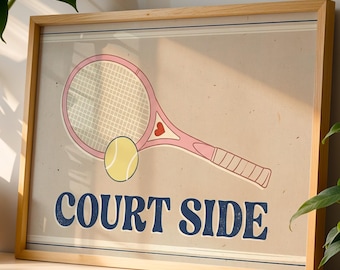 Lámina con estampado de cancha, arte mural retro de tenis, decoración de habitación estilo preppy, póster de raqueta de tenis rosa, arte deportivo vintage, descarga digital Coquette
