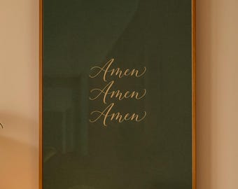 Amen kunst aan de muur, saliegroen christelijke print, minimalistische religieuze poster, moderne kalligrafie digitale download, donkergroen op geloof gebaseerd decor