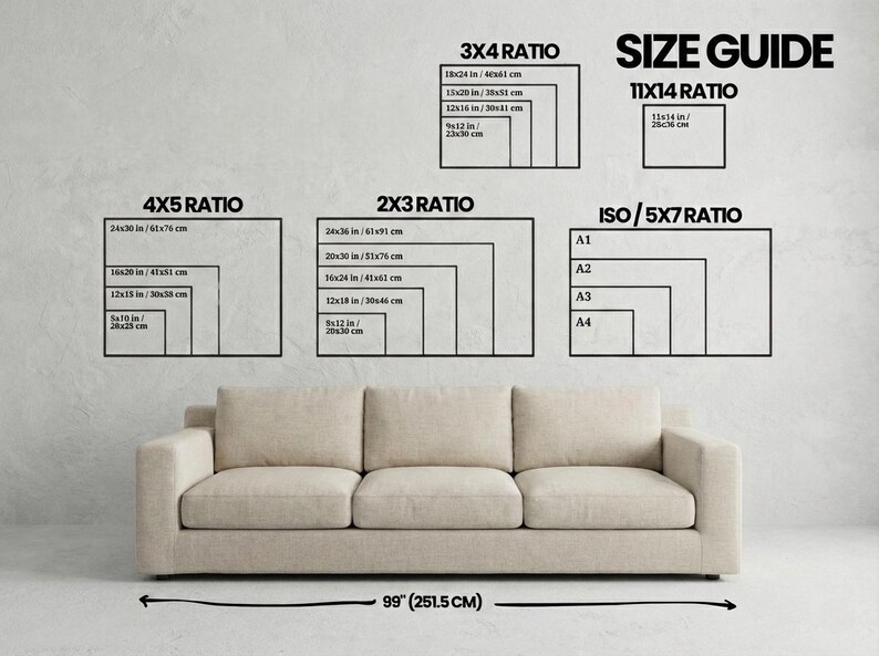 May include: A beige sofa is positioned below a wall displaying a size guide with various aspect ratios, including 3x4, 4x5, 2x3, 11x14, and ISO/5x7. The sofa is 251.5 cm wide.