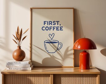 First Coffee Print, Blue Kitchen Wall Art, Minimalist Cup Poster, Cafe Decor