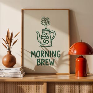 Morgonbrygdtryck, konst med grön tekanna, minimalistisk väggdekoration i köket