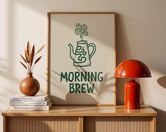 Morning Brew-print, groene theepotkunst, minimalistische poster keukenmuurdecoratie