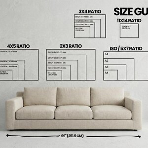 May include: A beige sofa is positioned below a wall displaying a size guide with various aspect ratios, including 3x4, 4x5, 2x3, 11x14, and ISO/5x7. The sofa is 99 inches (251.5 cm) wide.
