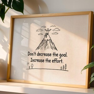 Verlaag het doel niet-afdruk, motiverende kunst aan de muur, poster groeimindset, decor kinderkamer, bergschets digitale download