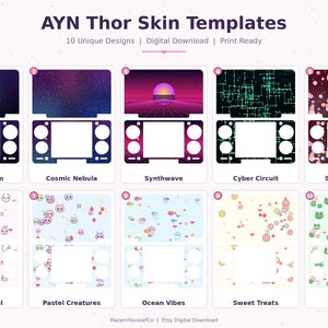 Pode incluir: Gráfico de download digital com dez designs exclusivos para modelos de skin AYN Thor. Os designs incluem Mjolnir Storm, Cosmic Nebula, Synthwave, Cyber Circuit, Sakura Night, Sanrio Pastel, Pastel Creatures, Ocean Vibes, Sweet Treats e Frog Pond.
